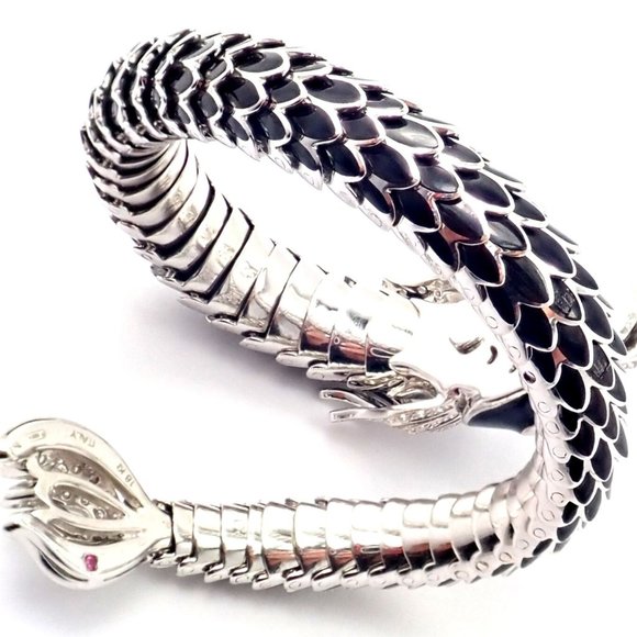 Authentic! Roberto Coin Nemo 18k White Gold Diamond Ruby Enamel Cuff Bracelet - Picture 5 of 12